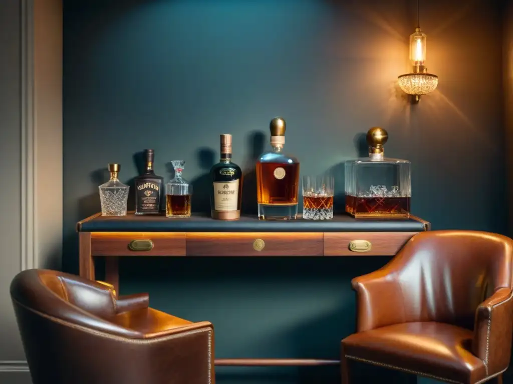 Un acogedor rincón de bar en casa con decantadores vintage de destilados y una atmósfera cálida y nostálgica