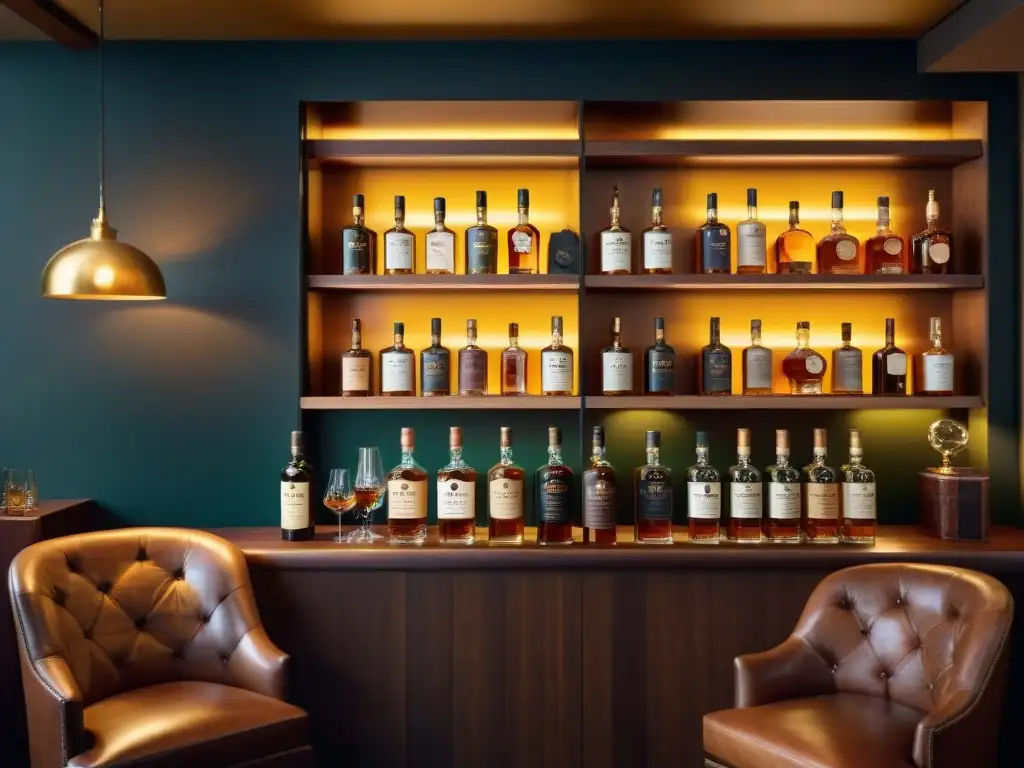 Bar de whisky exclusivo: lujo y nostalgia en cada detalle Acogedor club de whisky mensual con ambiente lujoso, botellas de whisky en estantes y silla de cuero