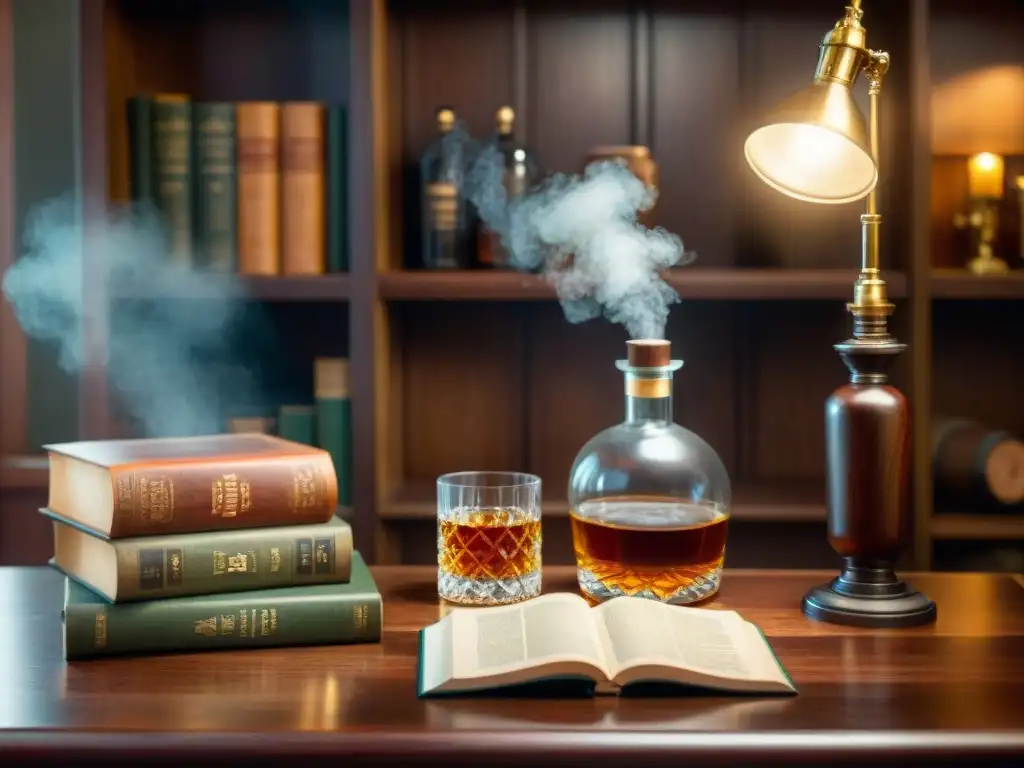 Estudio vintage acogedor con libros de destilación y diario sobre licores Acogedor estudio vintage con libros de destilación, lámpara de latón y diario sobre beneficios del consumo moderado de destilados