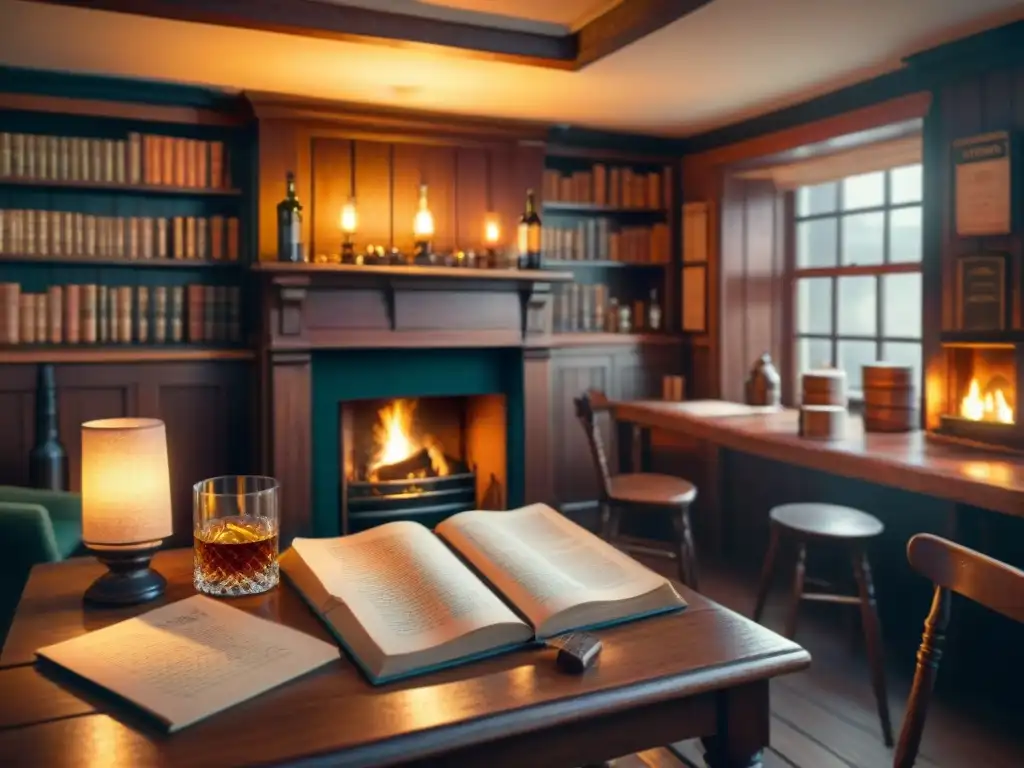 Taberna escocesa vintage: poetas y whisky en conversación Un acogedor pub escocés con escritores y poetas, rodeados de whisky como inspiración literaria