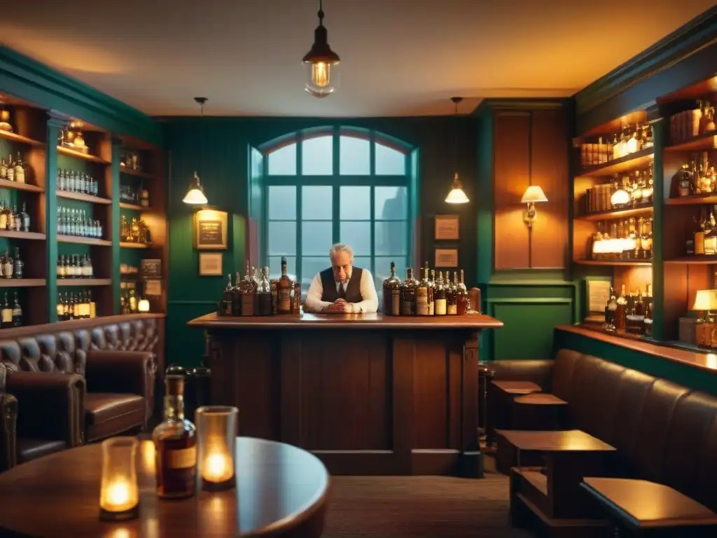 Encuentro literario en pub escocés acogedor Un acogedor pub escocés iluminado tenue con escritores rodeados de whisky, creando una inspiradora atmósfera literaria