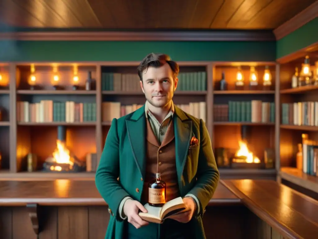 Taberna escocesa: poetas y whisky en un ambiente acogedor Un acogedor pub escocés con whisky como inspiración literaria, escritores conversando junto a la chimenea