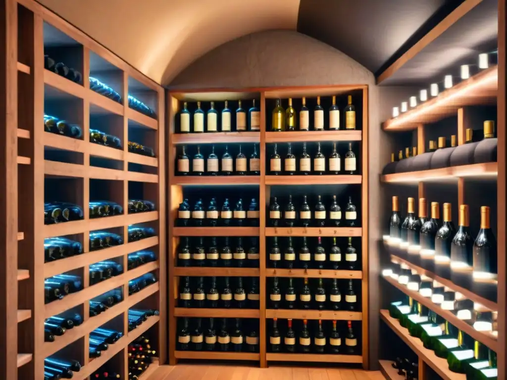 Exclusiva bodega de vino: lujo y tradición en 8k Acogedora bodega con botellas de vino vintage en estantes de madera, iluminada cálidamente