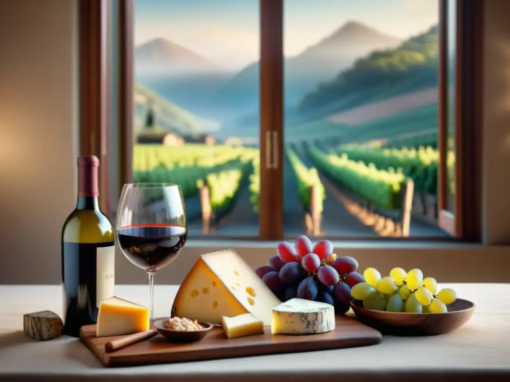 Cata de vinos y quesos en mesa rústica Una acogedora degustación de vinos con quesos y embutidos, resaltando los beneficios del consumo moderado de alcohol