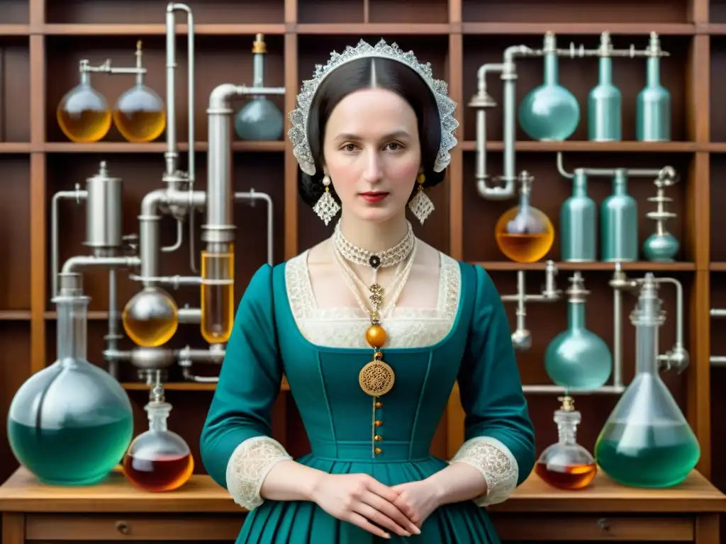 Ada Lovelace: Matemáticas en la destilación histórica Ada Lovelace optimizando destilación de bebidas alcohólicas con fórmulas matemáticas en ilustración vintage detallada