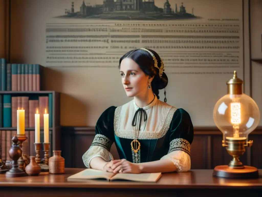 Ada Lovelace: Pionera de la destilación óptima Ada Lovelace inmersa en cálculos matemáticos en su escritorio vintage, iluminada por una lámpara antigua
