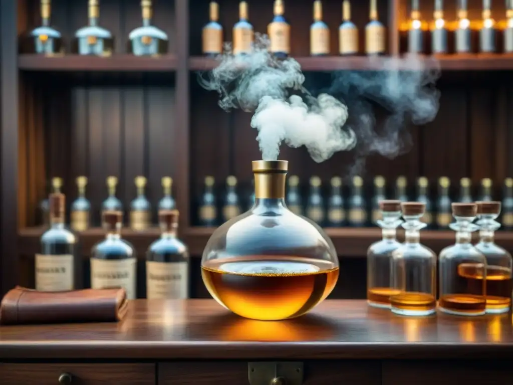 Un alambique de latón vintage brillante en luz dorada, rodeado de licores y barriles en destilería