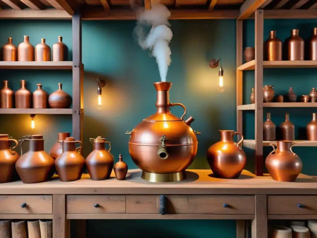 Un alambique de cobre antiguo en una destilería rústica iluminada, rodeado de jarras y barriles artesanales