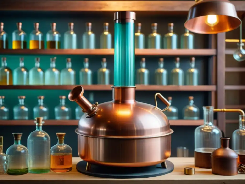 Destilador de cobre vintage: artesanía histórica en detalle Un alambique de cobre antiguo brilla en luz cálida, resaltando sus detalles
