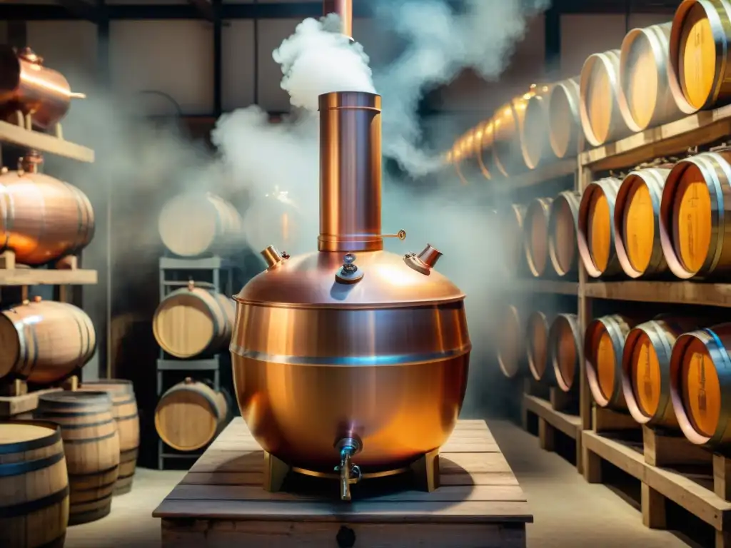 Un alambique de cobre brillante en una destilería rústica