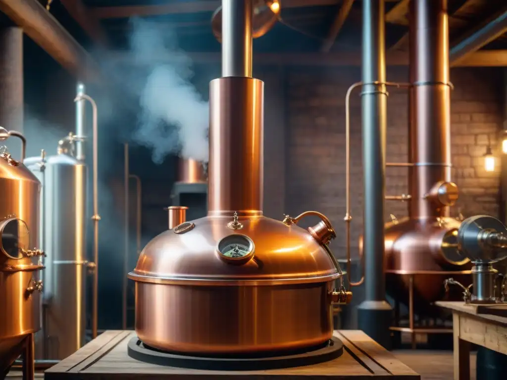 Destilación artesanal: alambique de cobre en destilería Un alambique de cobre en una destilería rústica iluminada suavemente, emitiendo vapor en una escena mística