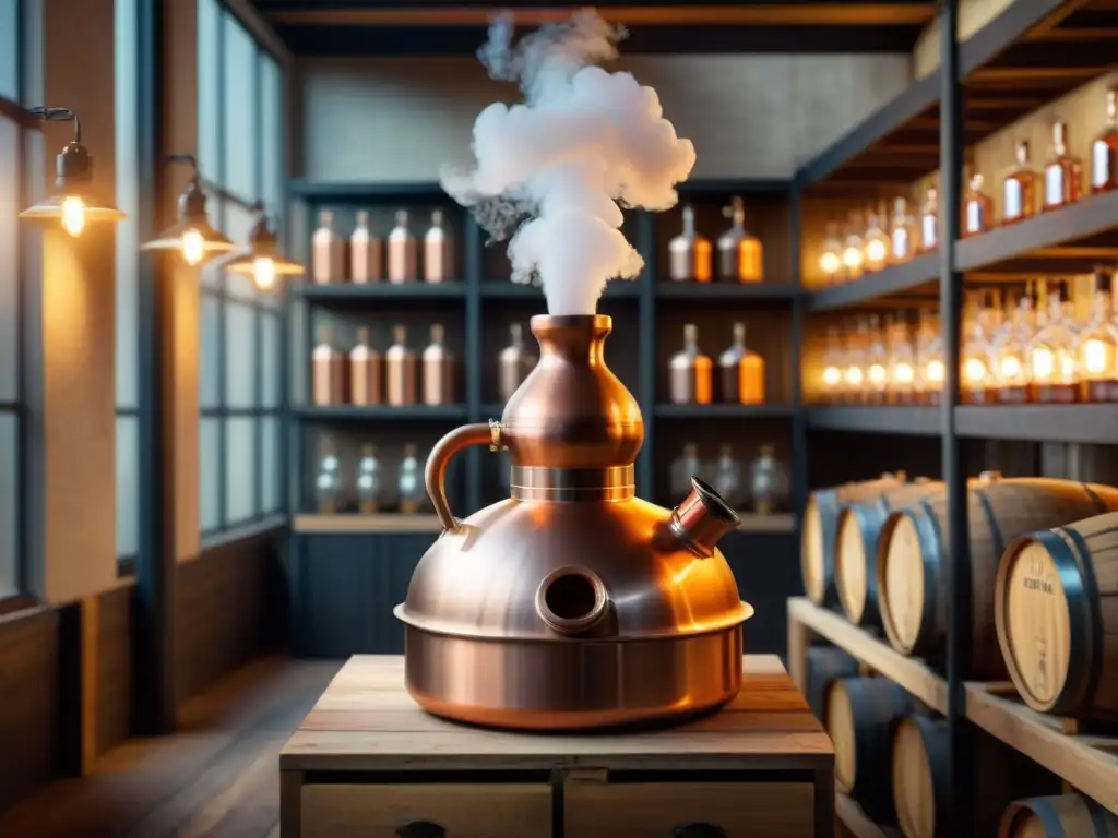 Alambique de cobre en destilería: tradición y maestría Un alambique de cobre en una destilería con técnicas de destilación de bebidas alcohólicas