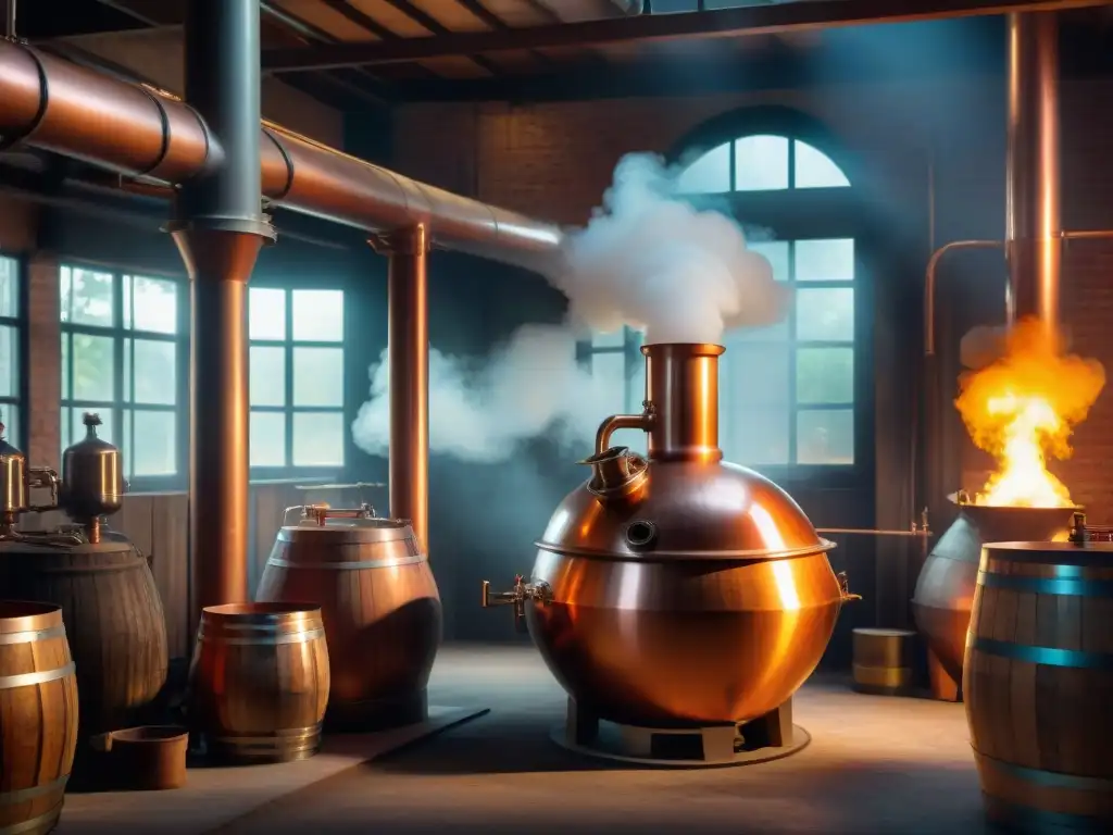 Destilación artesanal: alambique de cobre en destilería atmosférica Un alambique de cobre tradicional en una destilería, con destilación de bebidas alcohólicas modernas