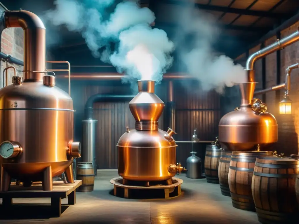 Destilación artesanal de whisky en alambique de cobre Un alambique de cobre tradicional en una destilería iluminada, rodeado de barricas de whisky añejo