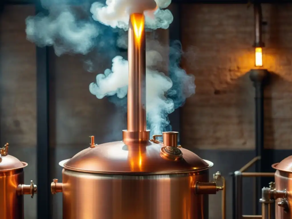 Alambique de cobre vintage: destilando tradición con maestría Alambique de cobre tradicional en destilería, gotea historia y destreza en destilación de bebidas alcohólicas certificaciones