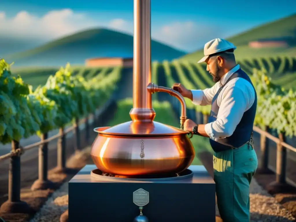 Destilación artesanal en viñedo: tradición e innovación Un alambique de cobre tradicional reluciente en un viñedo verde, obreros cosechando uvas