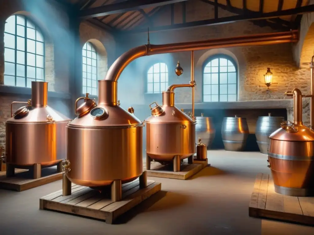 Destilador de cobre francés: arte ancestral en 8k Un alambique de cobre tradicional francés brilla bajo la suave luz del sol en una destilería histórica de brandy en Francia