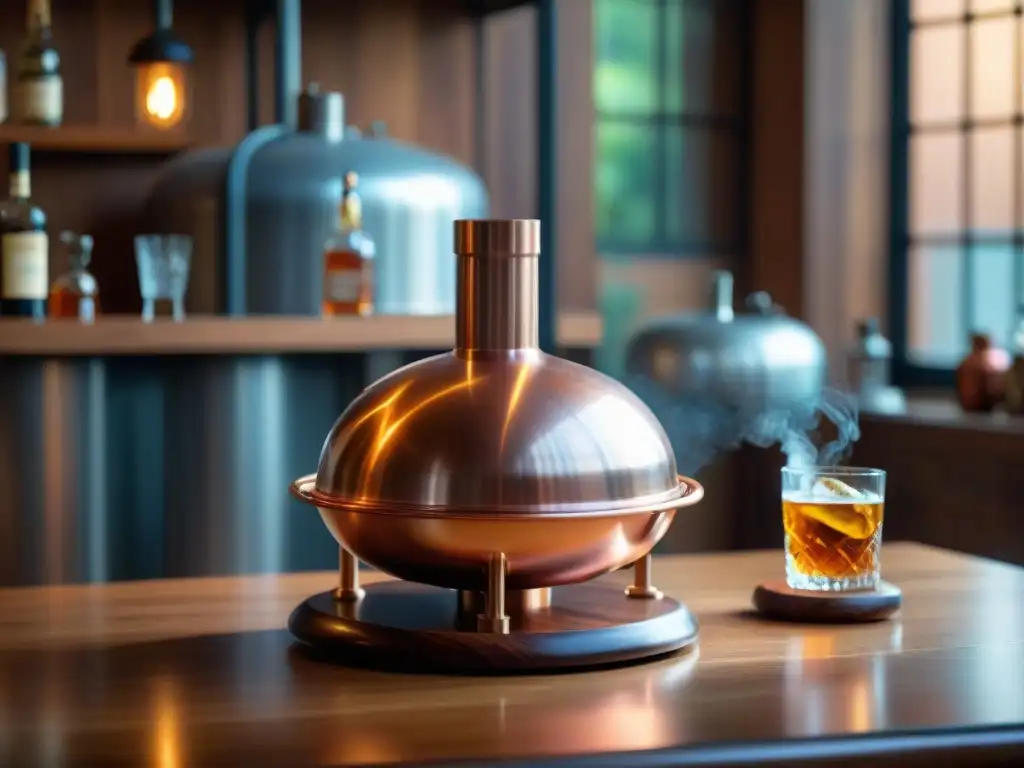 Destilador de cobre vintage: elegancia artesanal Un alambique de cobre vintage brillante en luz cálida sobre mesa rústica, muestra técnicas destilación bebidas alcohólicas