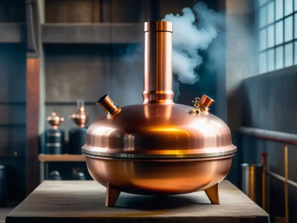 Alambique de cobre vintage en destilería: tradición y artesanía Un alambique de cobre vintage en una destilería tenue, detallando técnicas modernas cata destilados innovación