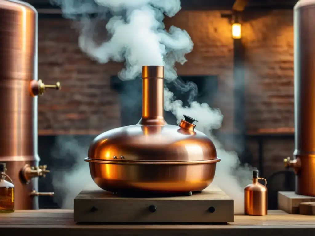 Alambique de cobre vintage en destilería: tradición y artesanía Un alambique de cobre vintage en una destilería iluminada suavemente, mostrando sistemas de condensación para destilados