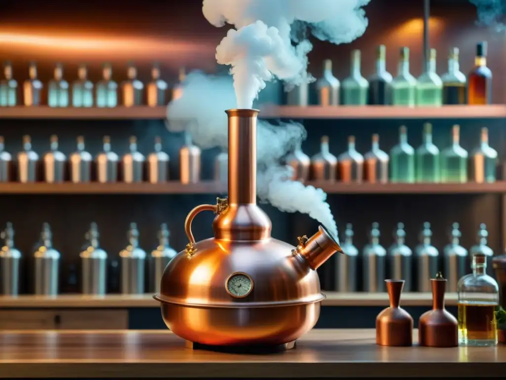 Destilación artesanal: alembique de cobre vintage en 8k Un alambique de cobre vintage brilla en la destilería, reflejando la destilación de bebidas alcohólicas modernas