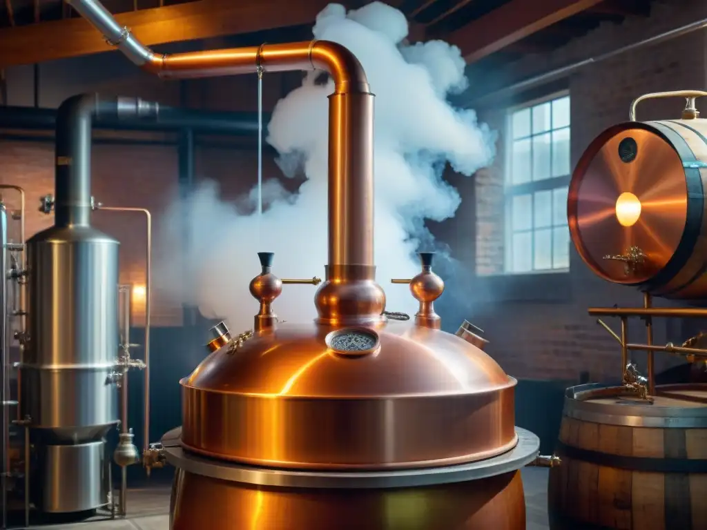 Alambique de cobre vintage: destilación artesanal de licores Un alambique de cobre vintage en una destilería tradicional con barriles de roble, destilación de bebidas alcohólicas modernas