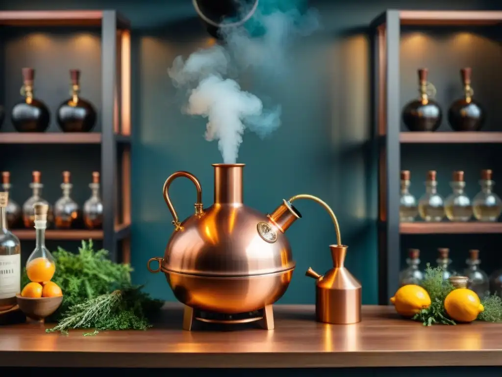 Alquimia aromática: destilación artesanal en alambique de cobre vintage Un alambique de cobre vintage rodeado de botánicos, creando una atmósfera de destilación tradicional