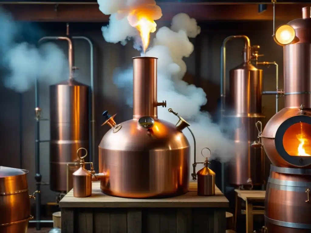 Destilación de cobre vintage: arte y tradición en acción Un alambique de cobre vintage destilando vapores de alcohol en una destilería rústica, destacando la destilación de bebidas alcohólicas avanzada