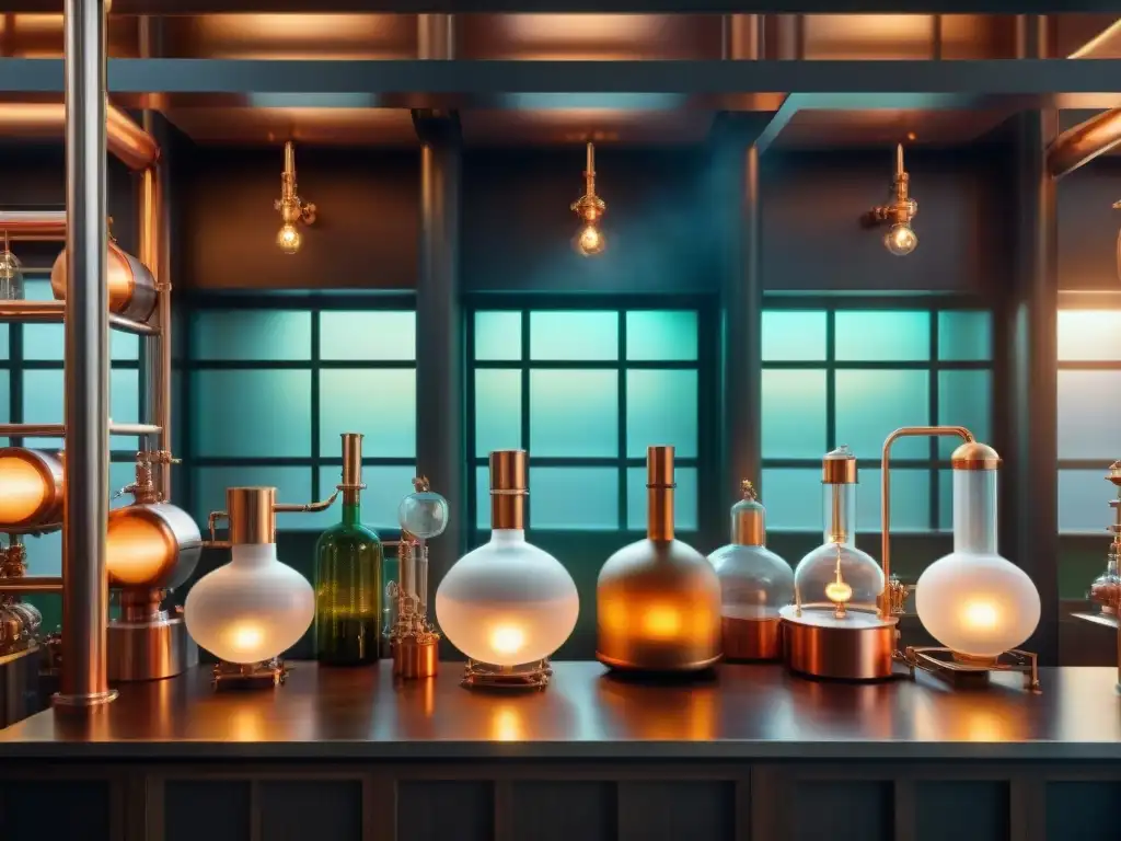 Destilación moderna: fusión de elegancia vintage y tecnología innovadora Un alambique futurista iluminado en una destilería, fusionando encanto antiguo con tecnología moderna