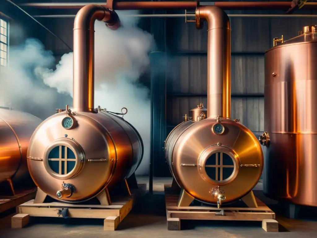 Destilación artesanal: dos alambiques de cobre en una antigua destilería Dos alambiques de cobre detallados con fermentación dual en destilación alcohólica, en una destilería vintage iluminada tenue