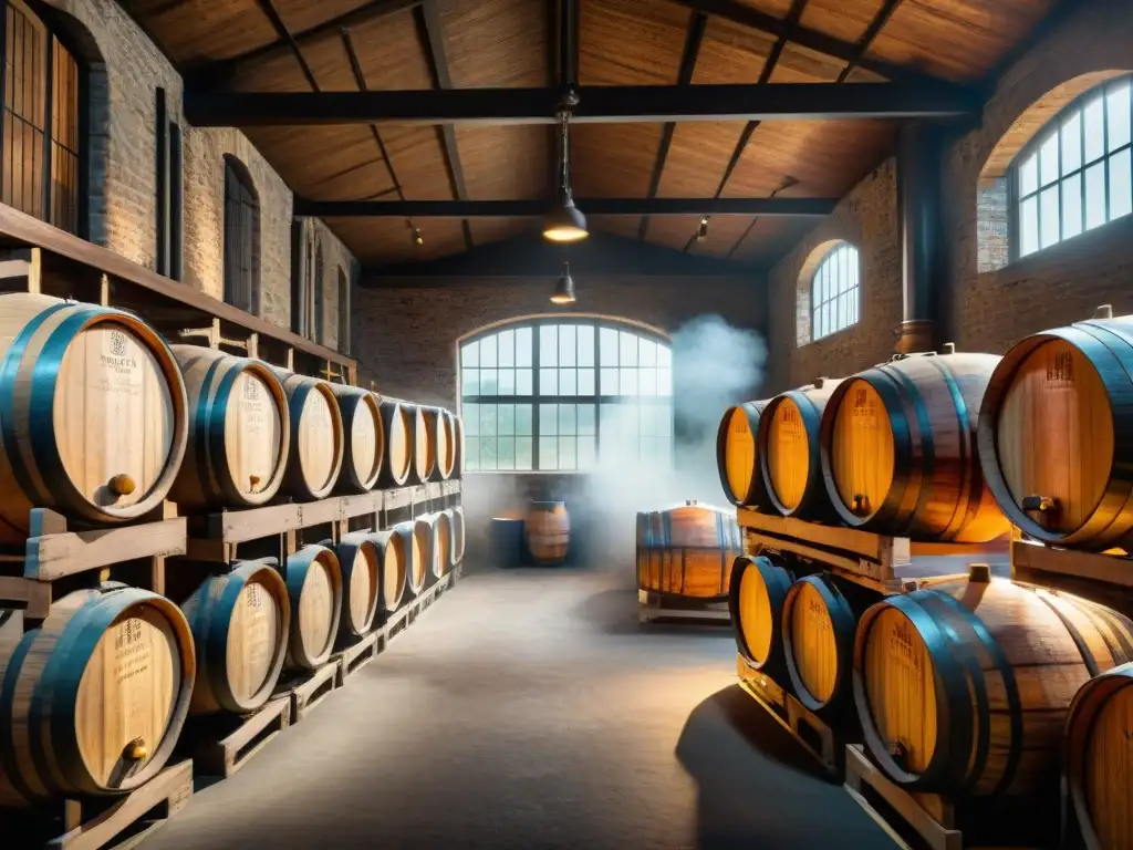 Almacén de barricas de whisky: historia y tradición en cada tonel Un almacén de destilería de whisky con barriles de roble envejecidos, iluminado por una tenue luz