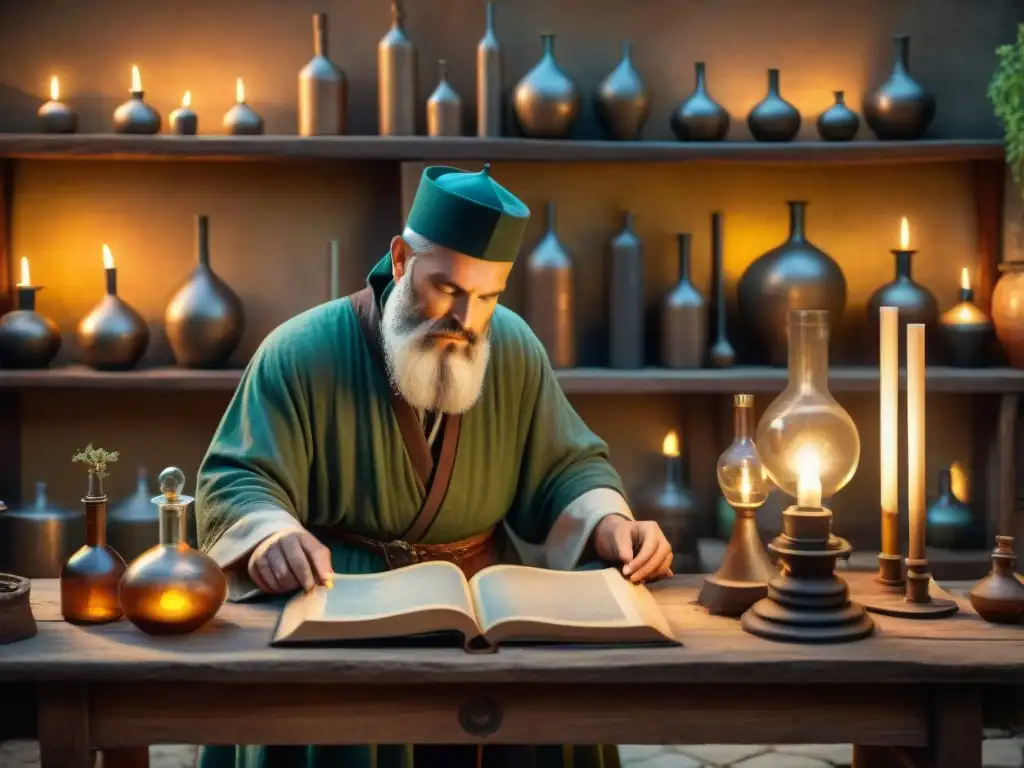 Alquimia ancestral: el alquimista en su misterioso taller medieval Un alquimista antiguo trabaja en su laboratorio medieval, creando destilación para bebidas modernas