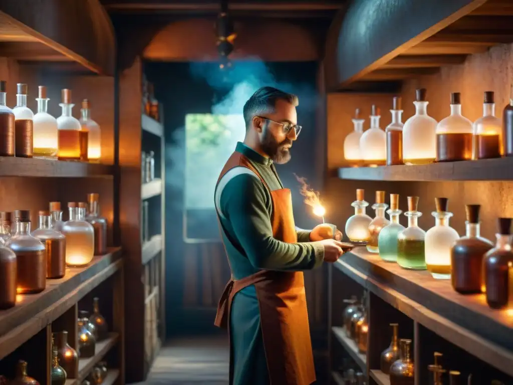 Alquimista destilando espíritus en misteriosa bodega Un alquimista antiguo destilando licores en su bodega iluminada por velas, evocando la historia de la destilación de bebidas alcohólicas