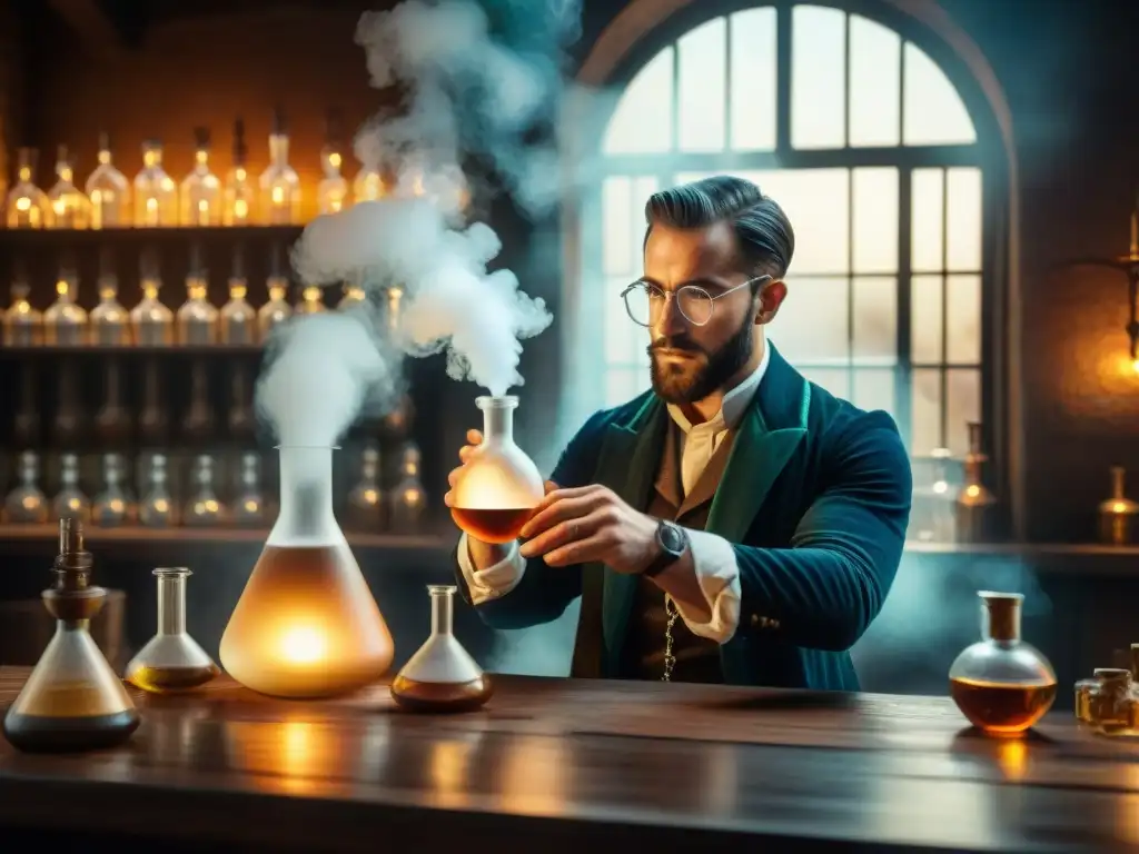 Alquimia ancestral: el arte místico de la destilación Un alquimista antiguo concentra su mirada en la destilación, rodeado de instrumentos en una habitación tenue