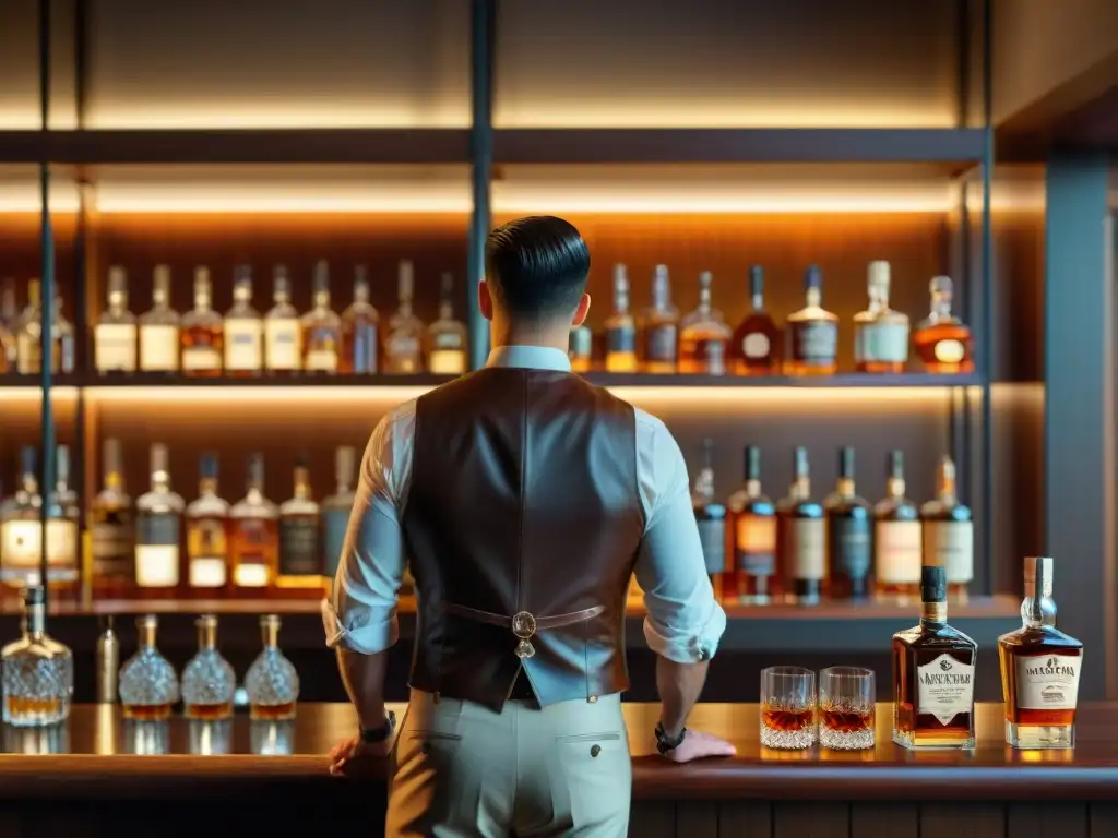 Bar de whisky vintage: ambiente cálido y exclusivo Un ambiente cálido y elegante en un bar de whisky vintage, perfecto para eventos para coleccionistas de destilados