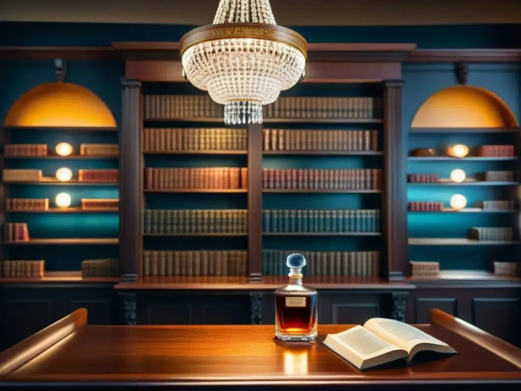 Exquisita biblioteca vintage con vodka y literatura rusa Un ambiente de elegancia atemporal en una biblioteca vintage con destilación de vodka y literatura rusa