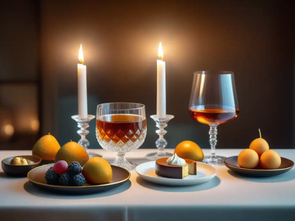 Exquisita mesa de postres y cognac en ambiente elegante Un ambiente de lujo y refinamiento con maridaje de cognac y postres, evocando sensaciones profundas