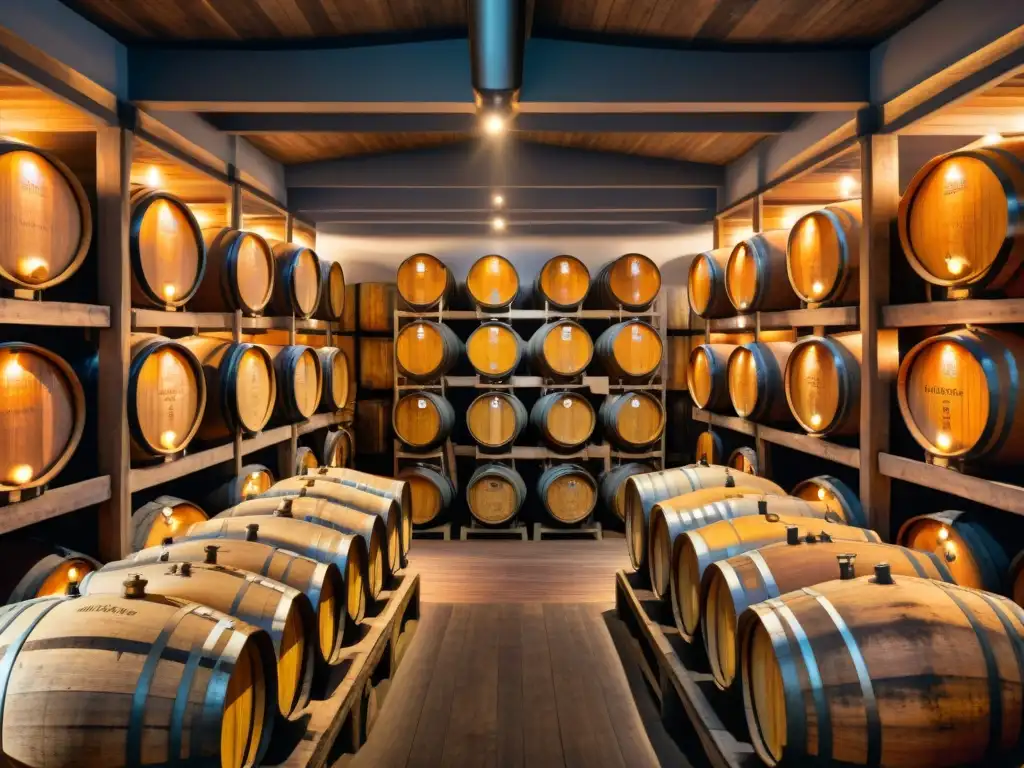 Bodega de whisky: barriles de roble en una escena histórica y tradicional Un ambiente rústico y misterioso en una bodega de whisky con barriles etiquetados, perfecto para el maridaje de whiskys