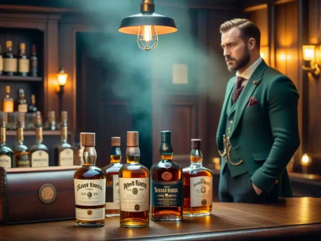Taverna escocesa: poetas y whisky en conversación Un animado grupo de poetas y escritores conversando en una taberna escocesa iluminada débilmente, inspirados por el whisky como musa literaria