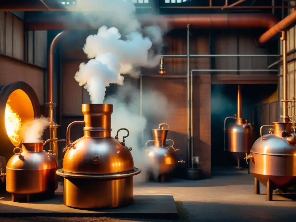 Alambique de cobre en destilería: tradición y artesanía Antigua ilustración de alambique de cobre en destilería con destilación de bebidas alcohólicas modernas