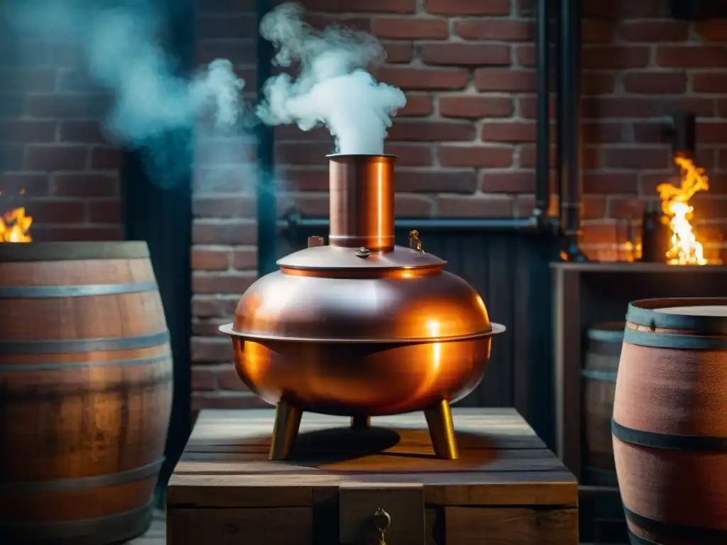 Antigua alambique de cobre iluminado por llamas en destilería, con barricas de madera envejecida