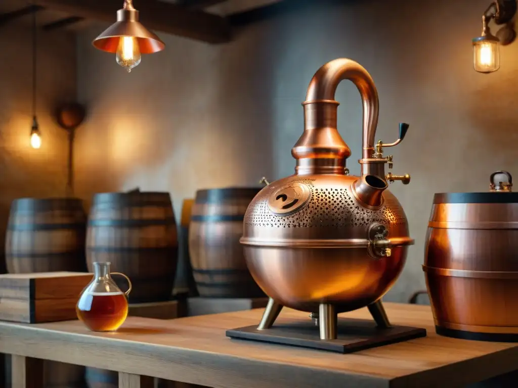 Una antigua alambique de cobre en destilería rústica, detalle en sepia