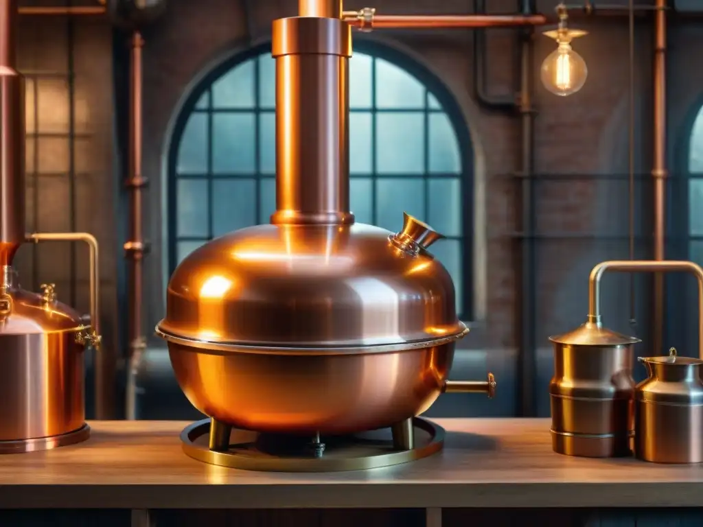 Cobre antiguo en destilería: destilación tradicional Antigua alambique de cobre en destilería, reflejando técnicas destilación bebidas alcohólicas