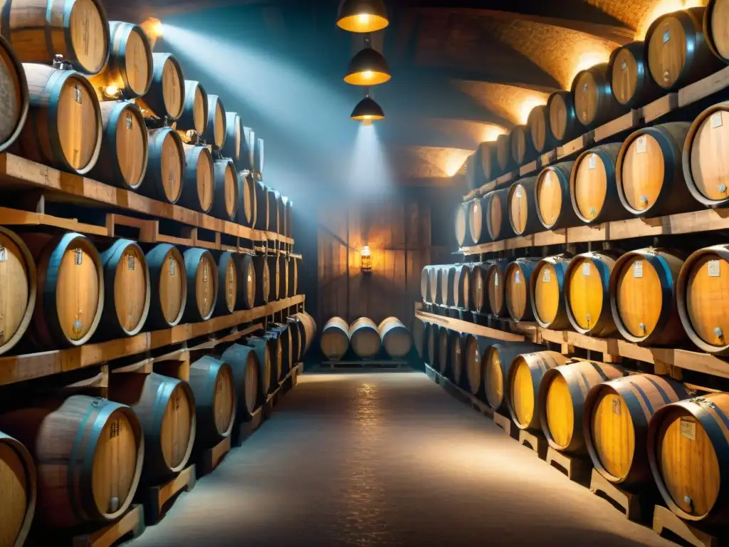 Antigua bodega de destilería: barricas premium en misteriosa penumbra Antigua bodega de destilería con barricas de ediciones limitadas de bebidas alcohólicas, en ambiente nostálgico y misterioso