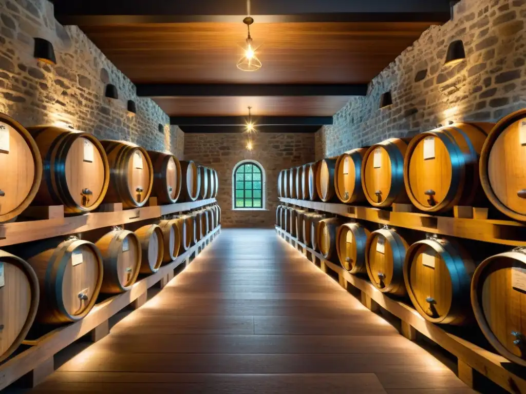 Cava de barricas de roble en destilería de whisky Antigua bodega de destilería con barricas de roble envejecido, iluminadas por luz cálida