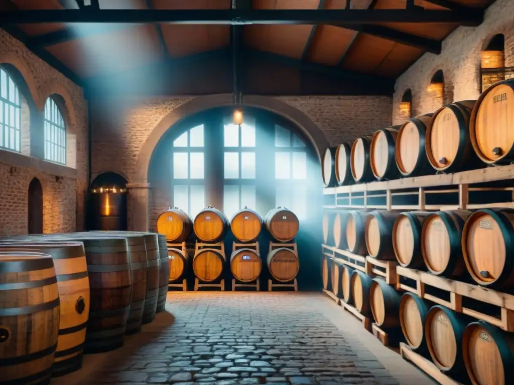 Almacenamiento de licores: ilustración detallada de una destilería vintage Antigua bodega de destilería con barriles de destilados envejeciendo, iluminada por luz cálida