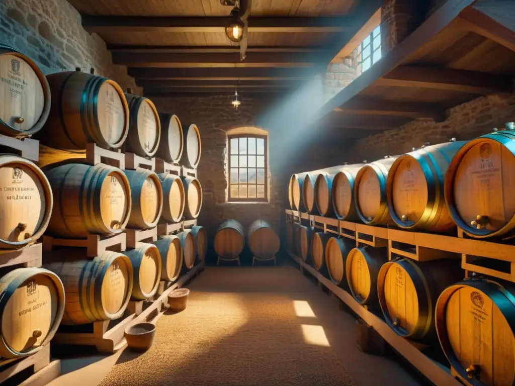 Bodega de barricas vintage en penumbra: historia en cada tonel Antigua bodega con barriles de madera apilados hasta el techo, iluminada por rayos dorados
