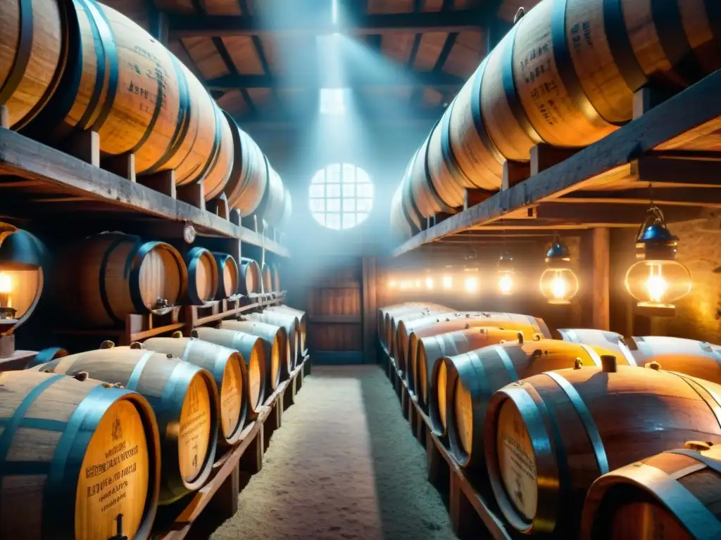 Antigua bodega de destilería: Barriles de roble envejeciendo licores raros Antigua bodega de destilación de bebidas alcohólicas raras con barriles de roble envejeciendo bajo la tenue luz de antorchas