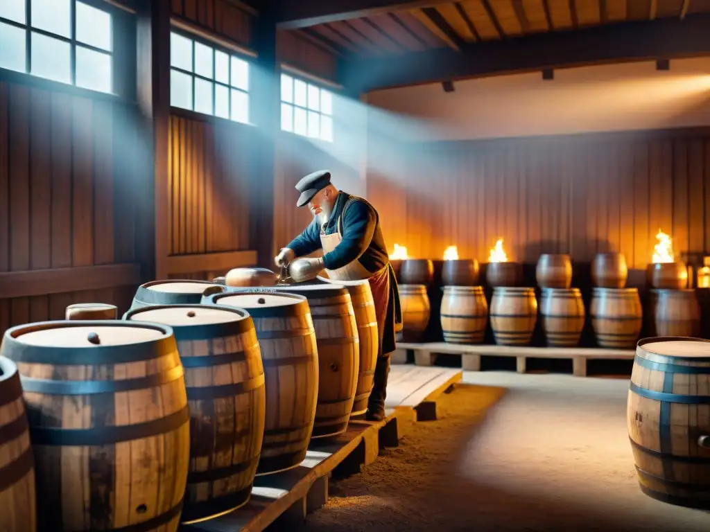 Tradicional cooperativa de barricas de whisky Antigua cooperativa de barriles de whisky en plena actividad artesanal
