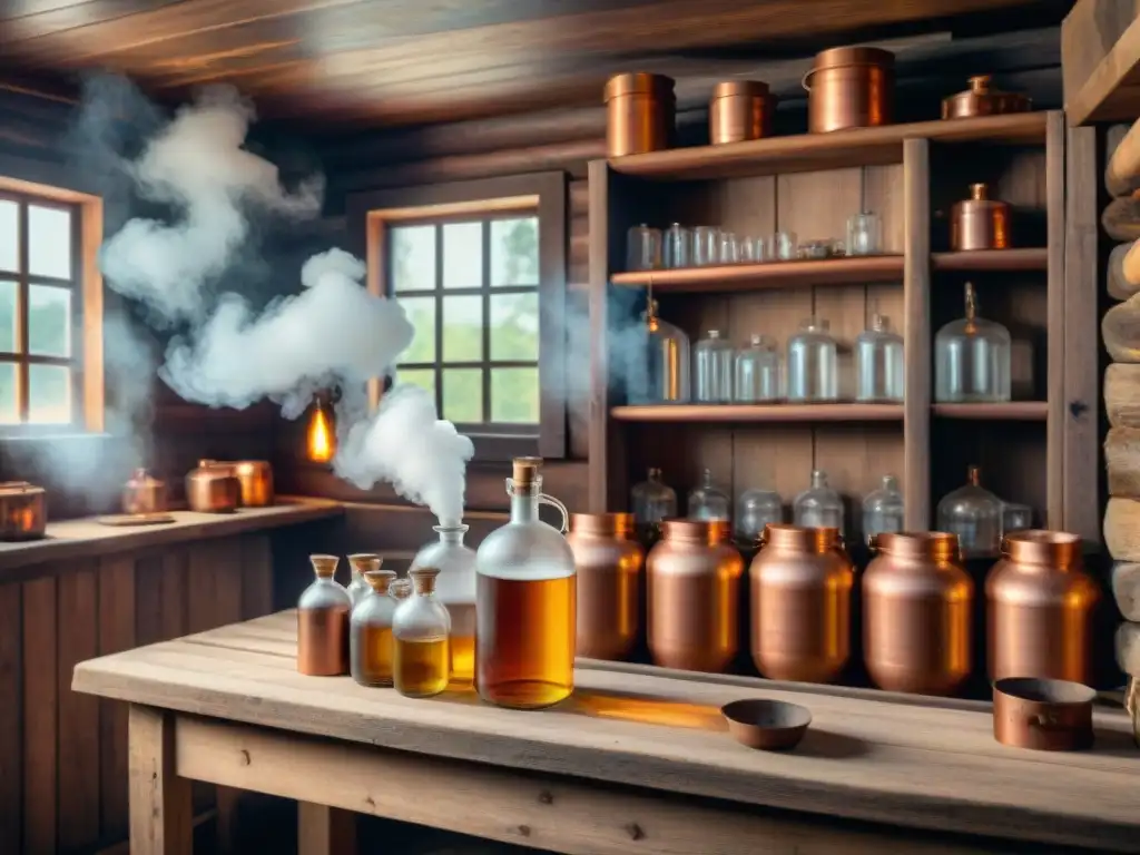 Artesanía ancestral: destilación de moonshine en cabaña de madera Antigua destilación de bebidas alcohólicas tradicionales en cabina rústica con alambique de cobre y tarros de moonshine